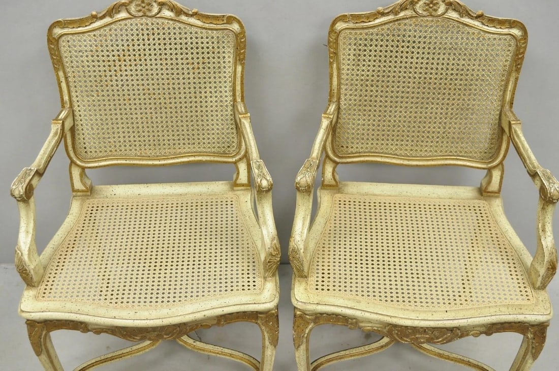 Vintage French Louis XV Style Cream Painted Carved Wood Cane Arm Chairs - A Pair - 15