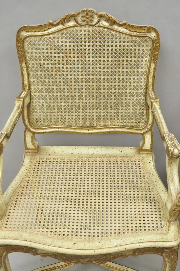 Vintage French Louis XV Style Cream Painted Carved Wood Cane Arm Chairs - A Pair - 16