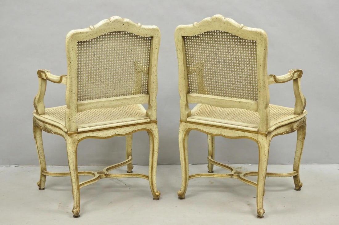 Vintage French Louis XV Style Cream Painted Carved Wood Cane Arm Chairs - A Pair - 17