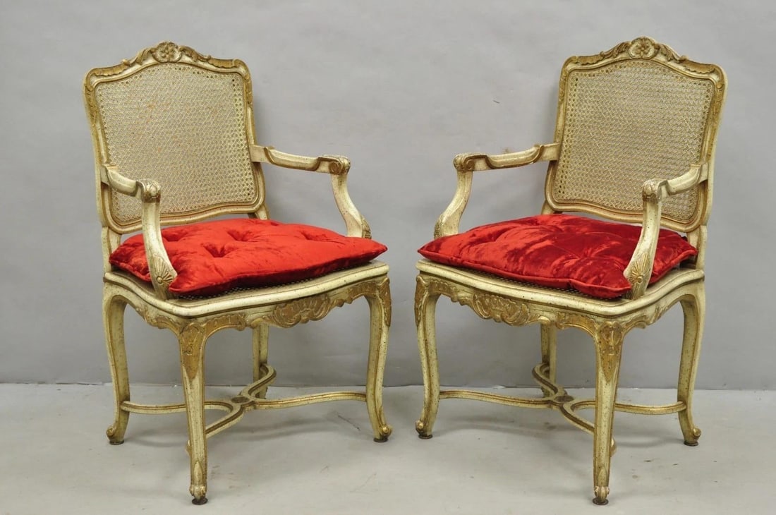 Vintage French Louis XV Style Cream Painted Carved Wood Cane Arm Chairs - A Pair - 18