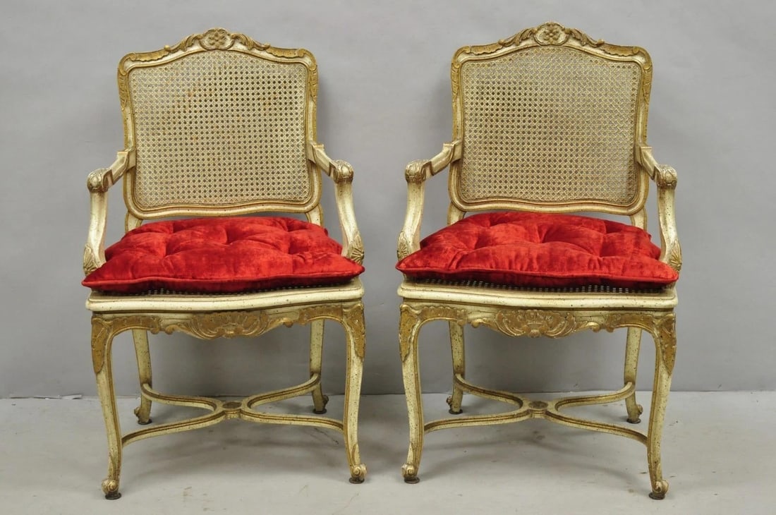Vintage French Louis XV Style Cream Painted Carved Wood Cane Arm Chairs - A Pair - 2