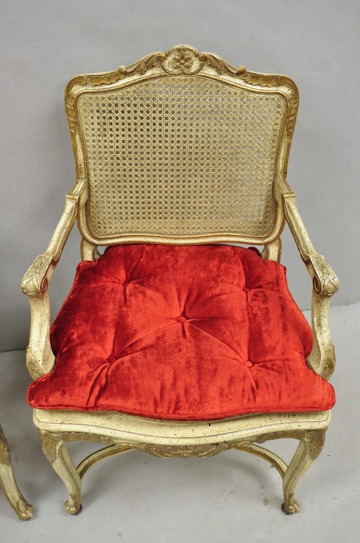 Vintage French Louis XV Style Cream Painted Carved Wood Cane Arm Chairs - A Pair - 3