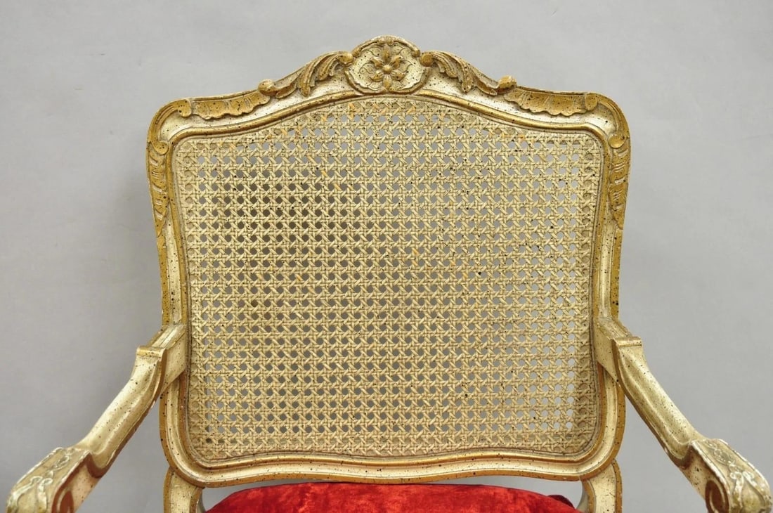 Vintage French Louis XV Style Cream Painted Carved Wood Cane Arm Chairs - A Pair - 4