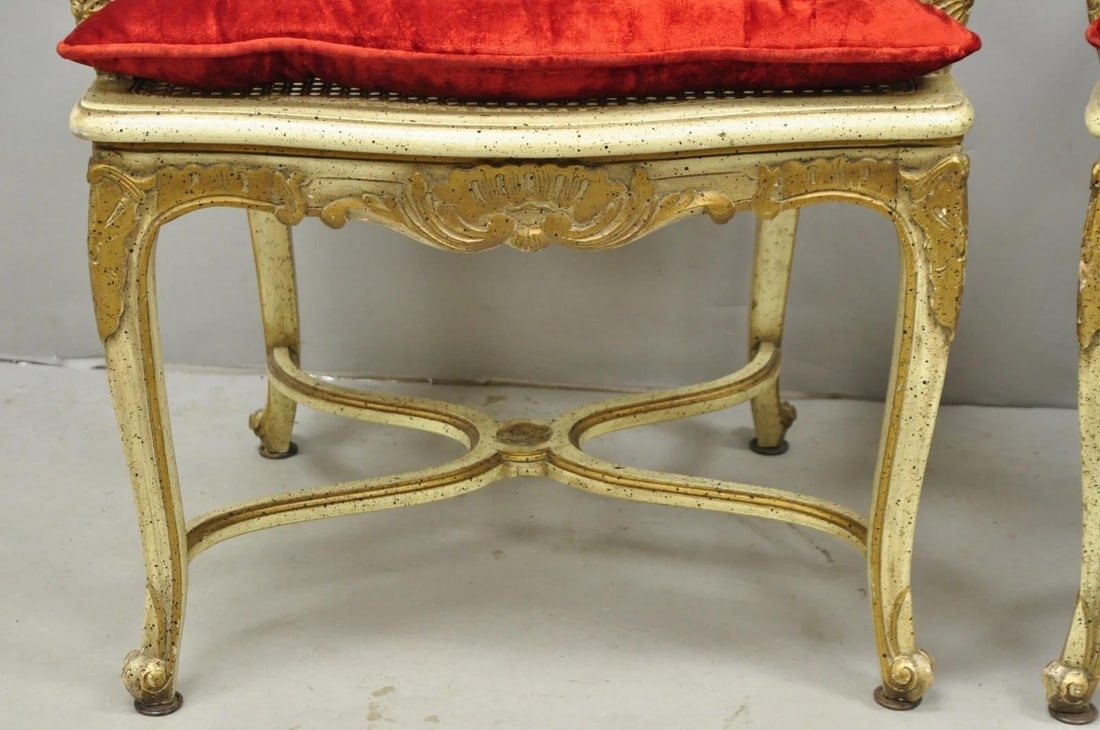 Vintage French Louis XV Style Cream Painted Carved Wood Cane Arm Chairs - A Pair - 6