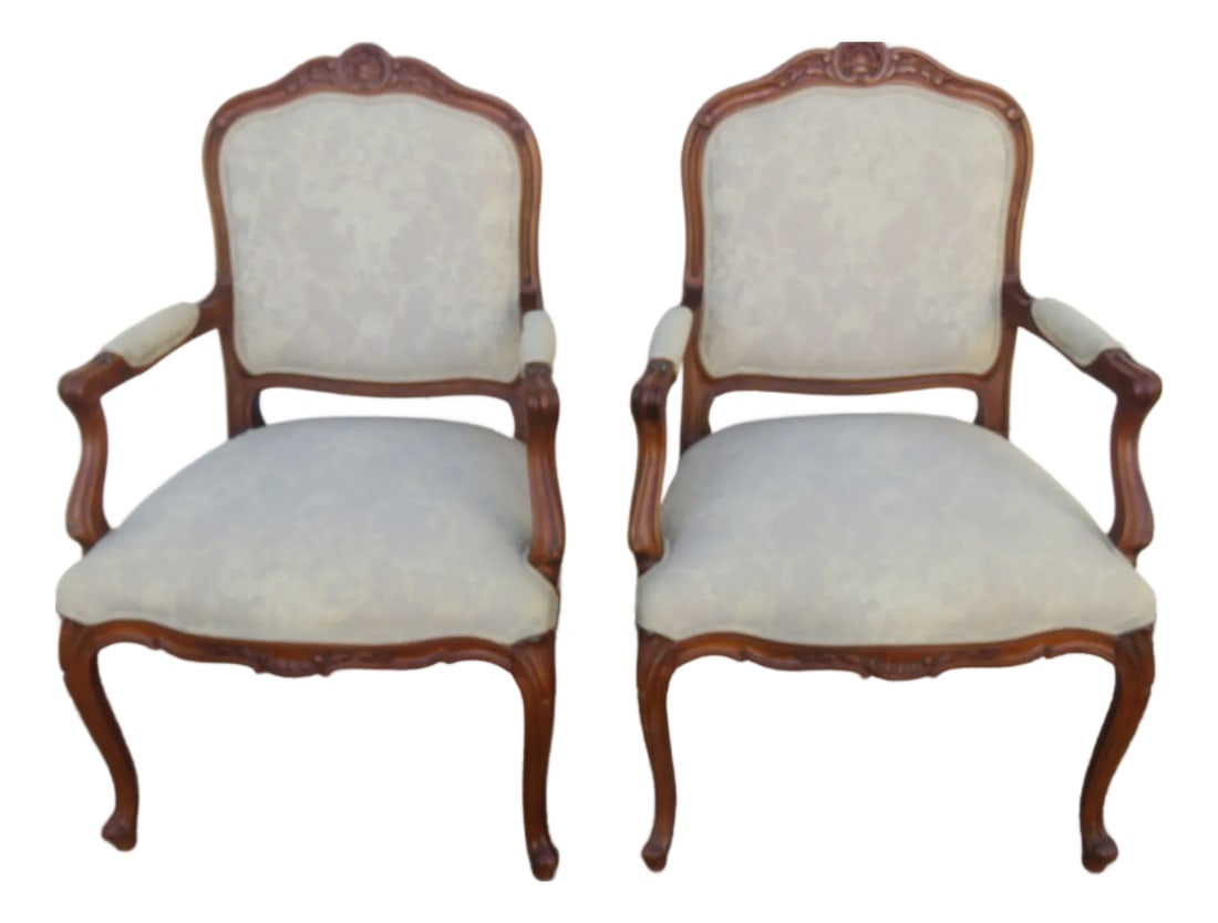 Ethan Allen French Living Bed Room Den Fireplace Side Chairs a Pair 6261: This charming Pair of Chairs is made of wood, solid wood, and upholstery. The Chairs are labeled that they were made by Ethan Allen. These two chairs have exquisitely elegant French style; they featur