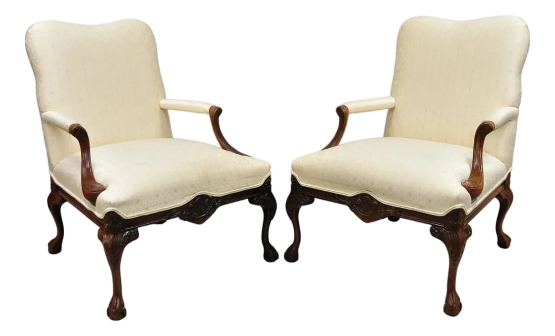 Vintage Thomasville Georgian Style Carved Mahogany Lounge Arm Chairs - A Pair: Vintage Thomasville Georgian Style Carved Mahogany Library Lounge Arm Chairs - a Pair. Chairs feature carved ball and claw feet, solid wood frames, and quality American craftsmanship. Circa Late 20th
