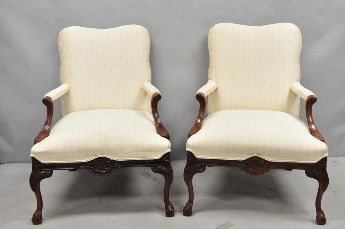 Vintage Thomasville Georgian Style Carved Mahogany Lounge Arm Chairs - A Pair - 2