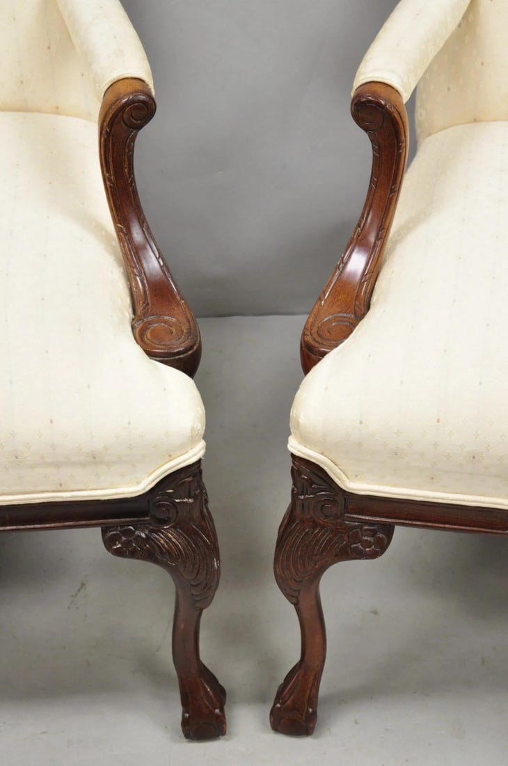 Vintage Thomasville Georgian Style Carved Mahogany Lounge Arm Chairs - A Pair - 4