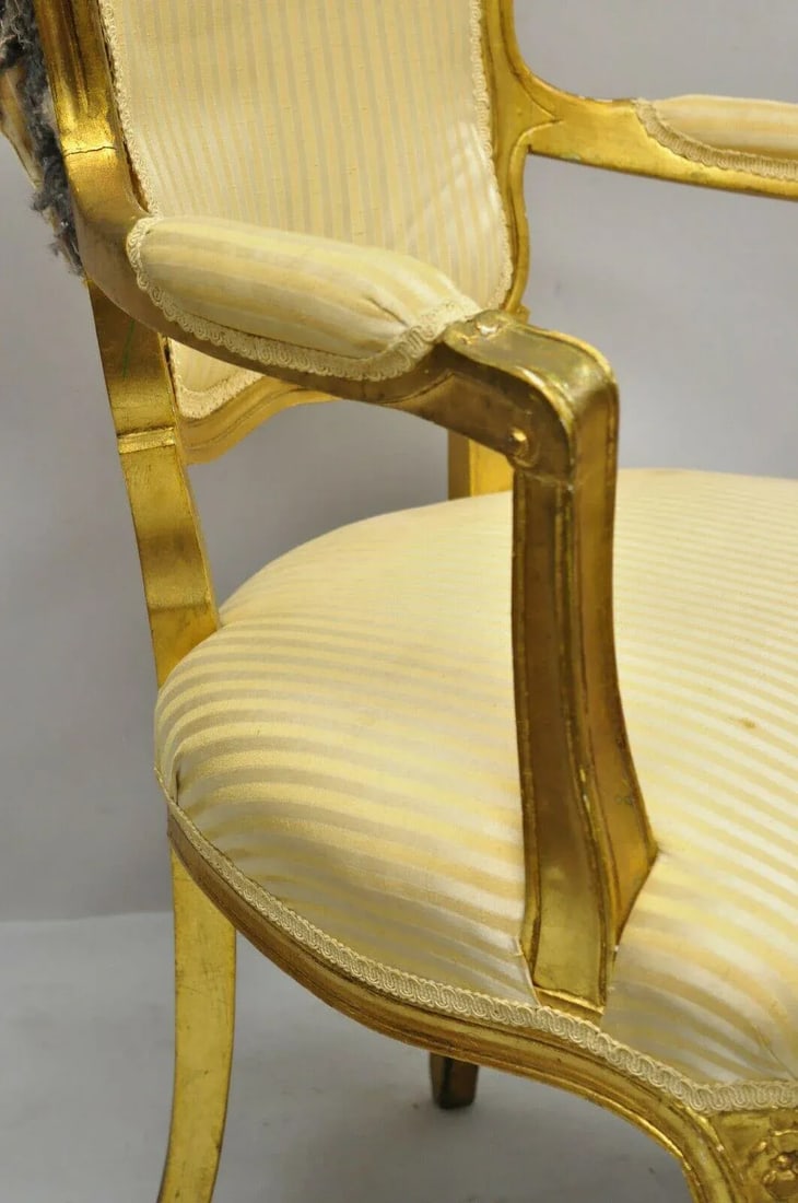 French Louis XV Style Gold Gilt Fauteuil Arm Chairs to Refinish Diy - a Pair - 10