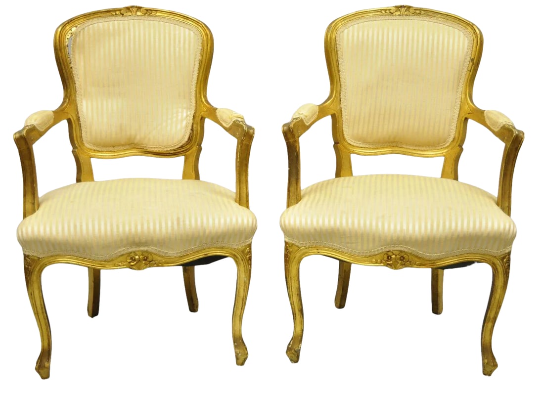 French Louis XV Style Gold Gilt Fauteuil Arm Chairs to Refinish Diy - a Pair (1 of 12)