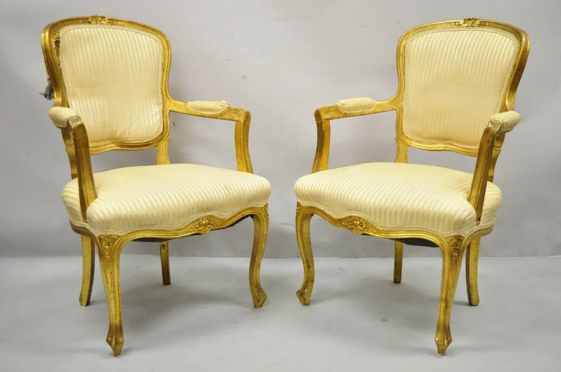French Louis XV Style Gold Gilt Fauteuil Arm Chairs to Refinish Diy - a Pair - 2