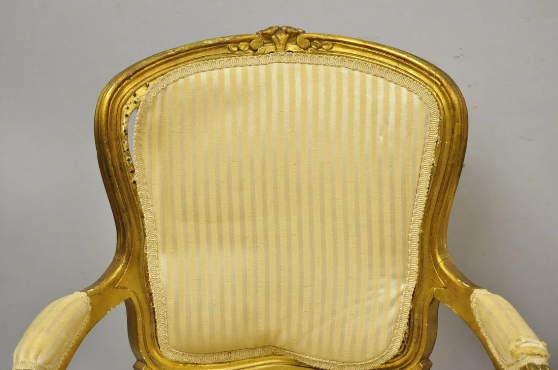French Louis XV Style Gold Gilt Fauteuil Arm Chairs to Refinish Diy - a Pair - 3