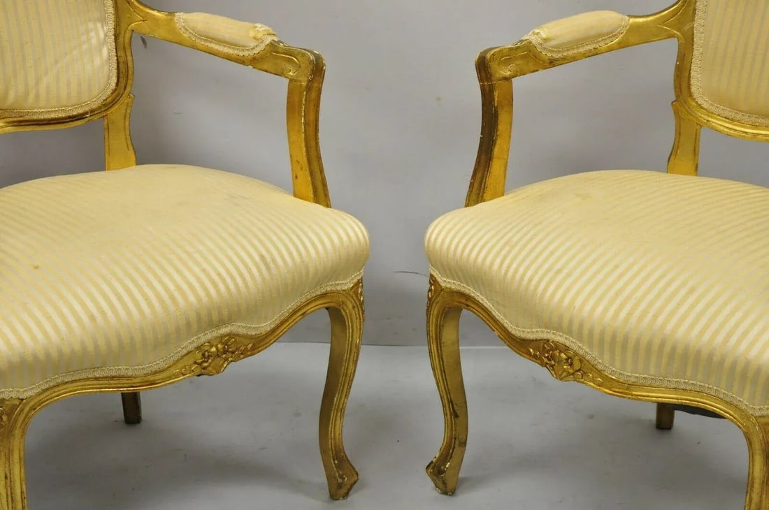 French Louis XV Style Gold Gilt Fauteuil Arm Chairs to Refinish Diy - a Pair - 4