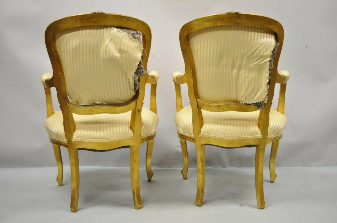 French Louis XV Style Gold Gilt Fauteuil Arm Chairs to Refinish Diy - a Pair - 5