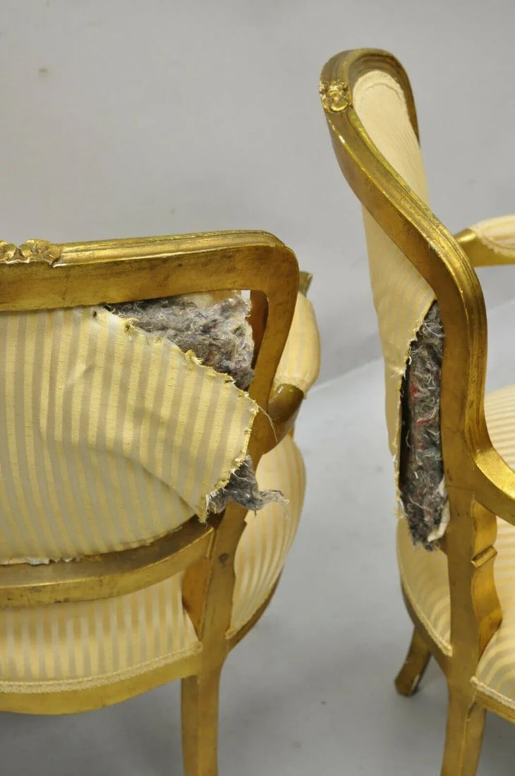 French Louis XV Style Gold Gilt Fauteuil Arm Chairs to Refinish Diy - a Pair - 6