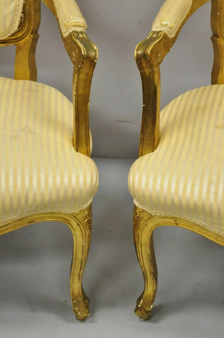 French Louis XV Style Gold Gilt Fauteuil Arm Chairs to Refinish Diy - a Pair - 7