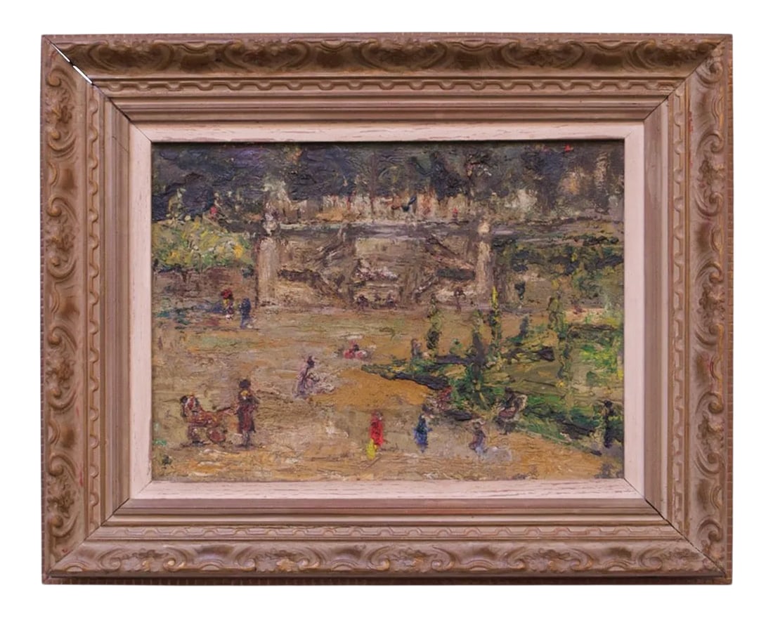 French Post-Impressionist "Jardins Des Tuileries" Oil on Canvas: Tuileries garden post-impressionist study (circa 1950, Paris, artist unknown). Pleasing color usage depicting parkgoers in the tranquil park setting. Original frame. Unsigned, but titled and numbered