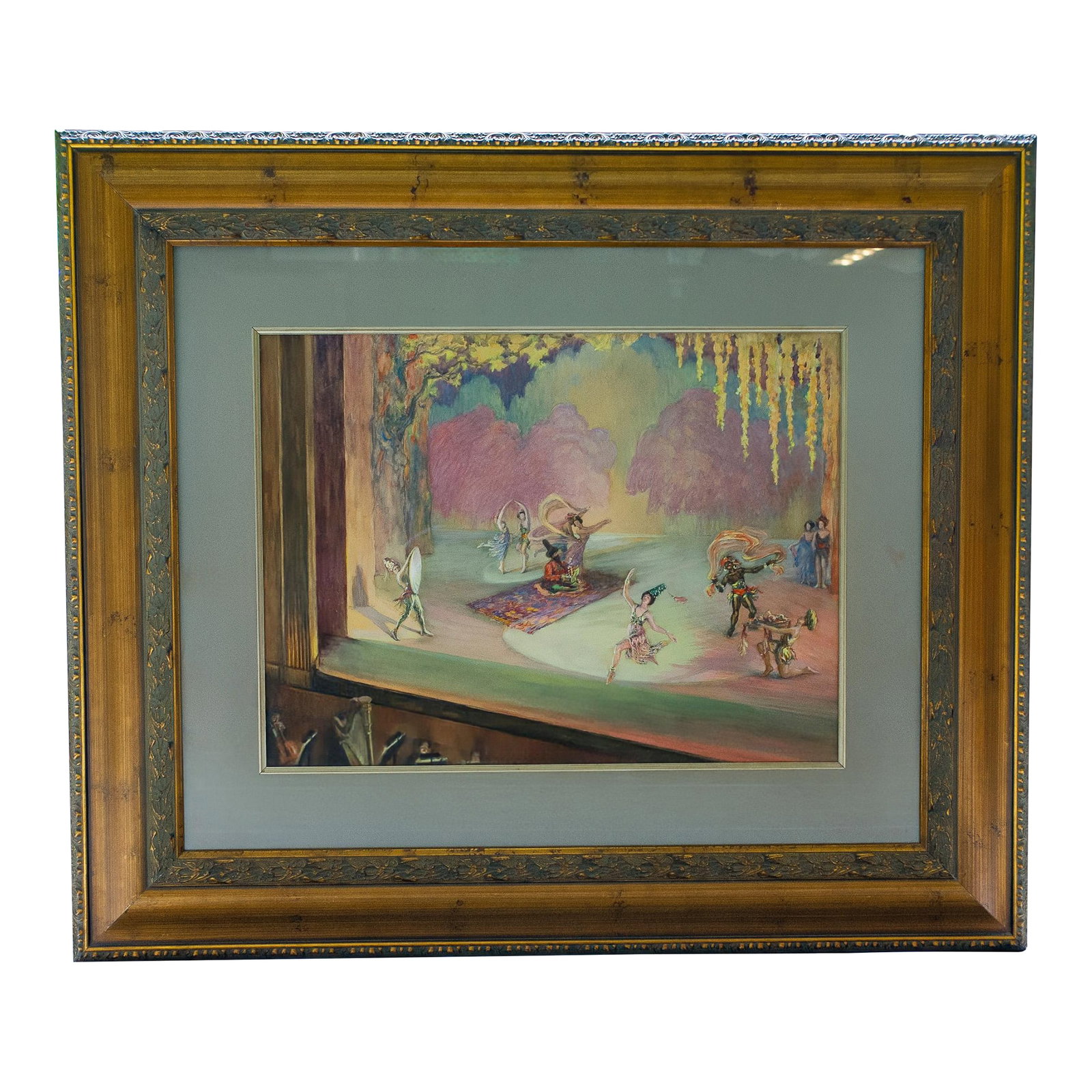 Early 20th Century Ludovic-Rodo Pissarro - Les Ballets Russes, Gouache and Watercolor on Paper: Original work by Ludovic-Rodo Pissarro (1878-1952). Gouache and watercolor on paper depicting a staged performance associated with the Ballets Russes, likely Scheherazade. The composition presents