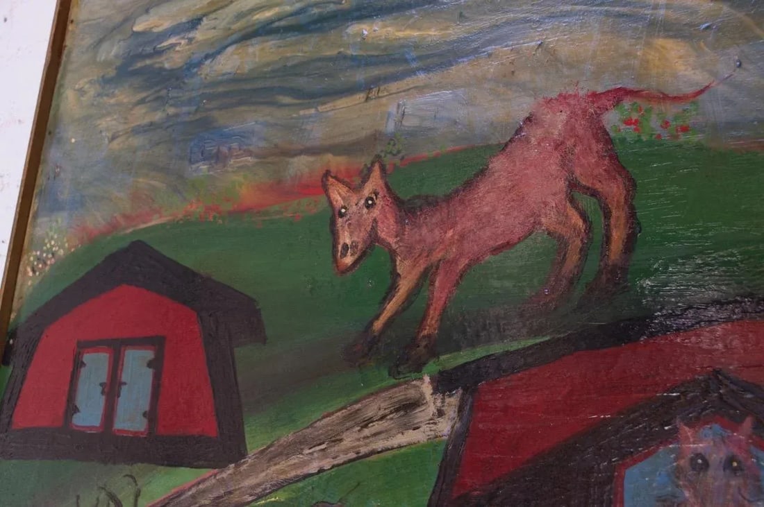 Outsider Art "Deer and Houses" Oil on Panel Landscape by Bruno Del Favero - 10