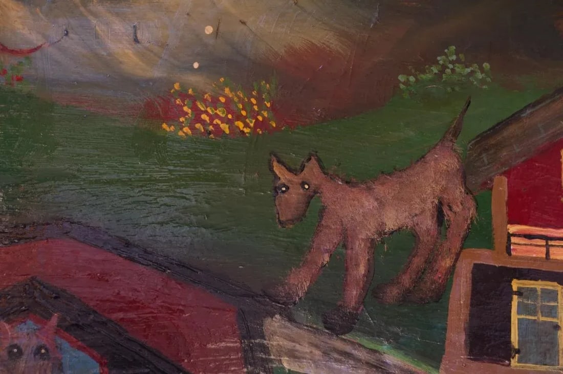Outsider Art "Deer and Houses" Oil on Panel Landscape by Bruno Del Favero - 11