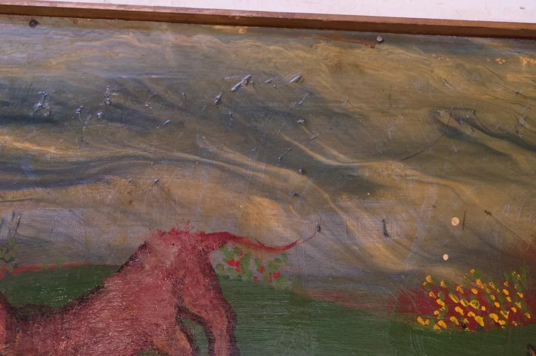 Outsider Art "Deer and Houses" Oil on Panel Landscape by Bruno Del Favero - 12