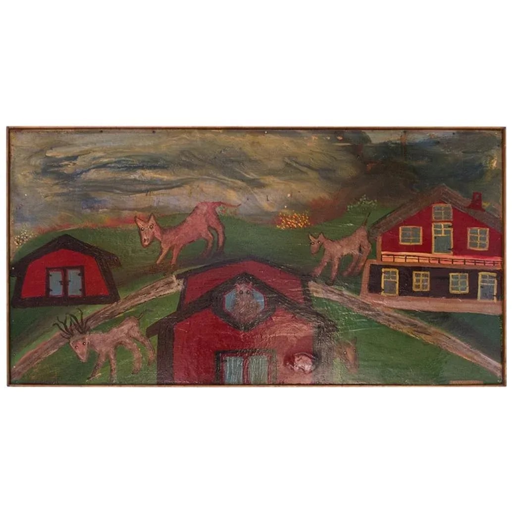 Outsider Art "Deer and Houses" Oil on Panel Landscape by Bruno Del Favero - 13