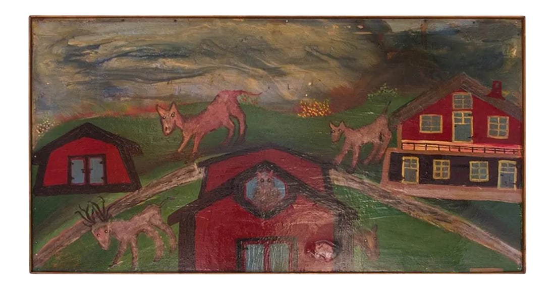 Outsider Art "Deer and Houses" Oil on Panel Landscape by Bruno Del Favero: Oil on panel by acclaimed outsider artist, Bruno Del Favero (b. Italy 1910, d. USA 1995), circa 1970. Fine example showcasing Del Favero's aptitude for creating fantastical backdrops, utilizing the