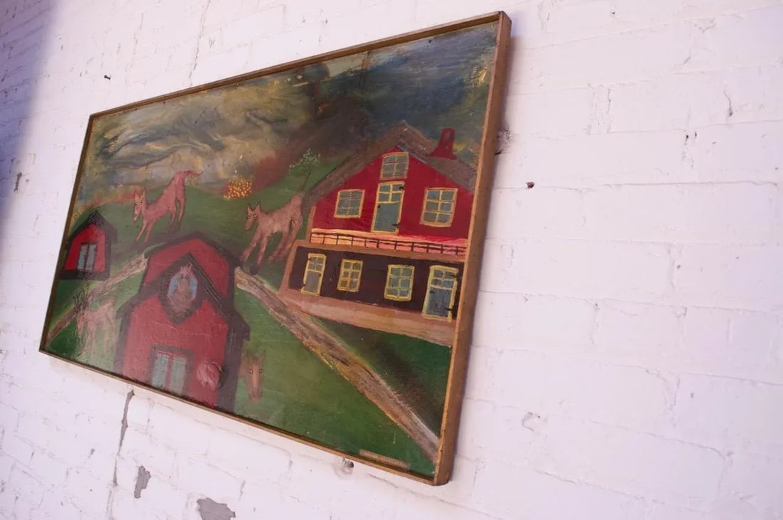 Outsider Art "Deer and Houses" Oil on Panel Landscape by Bruno Del Favero - 2