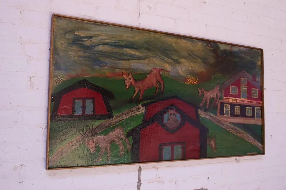 Outsider Art "Deer and Houses" Oil on Panel Landscape by Bruno Del Favero - 6