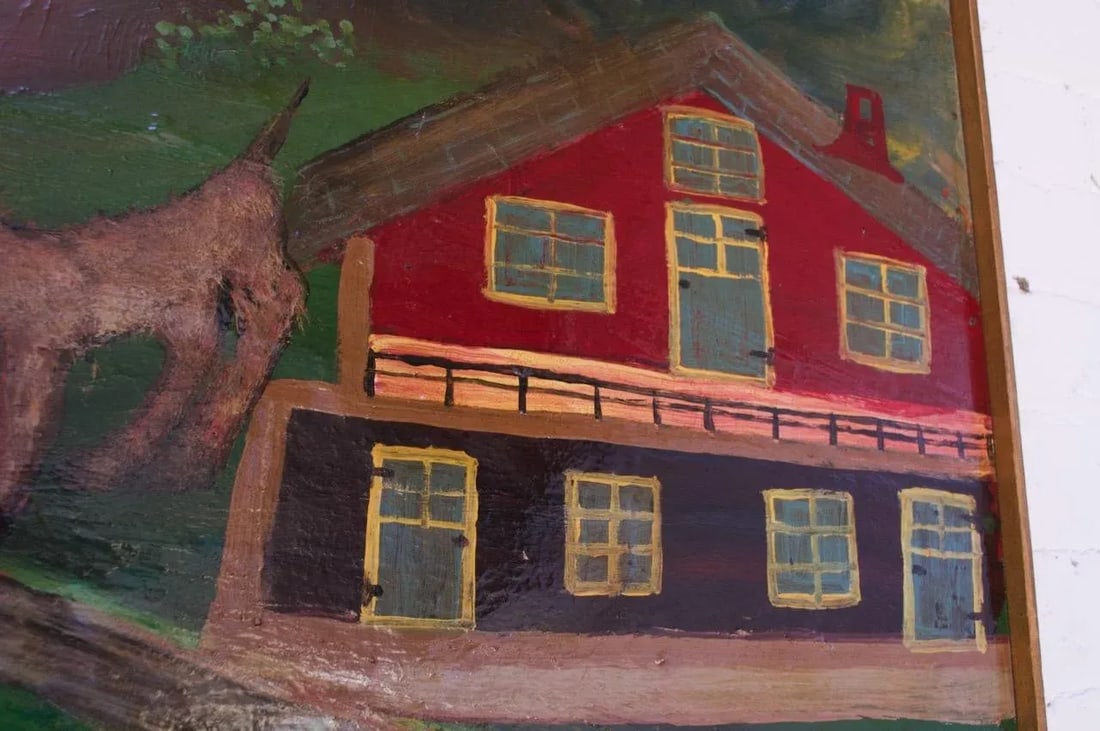 Outsider Art "Deer and Houses" Oil on Panel Landscape by Bruno Del Favero - 7