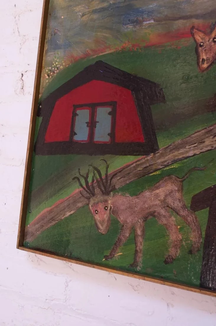 Outsider Art "Deer and Houses" Oil on Panel Landscape by Bruno Del Favero - 8