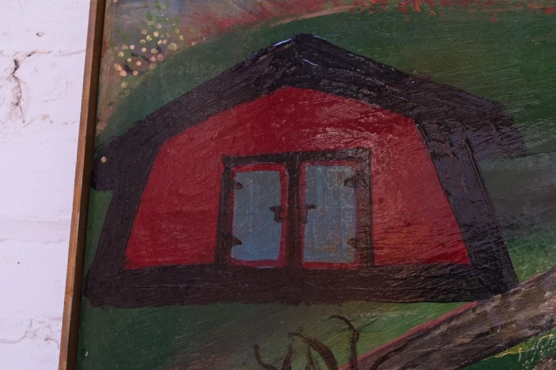 Outsider Art "Deer and Houses" Oil on Panel Landscape by Bruno Del Favero - 9