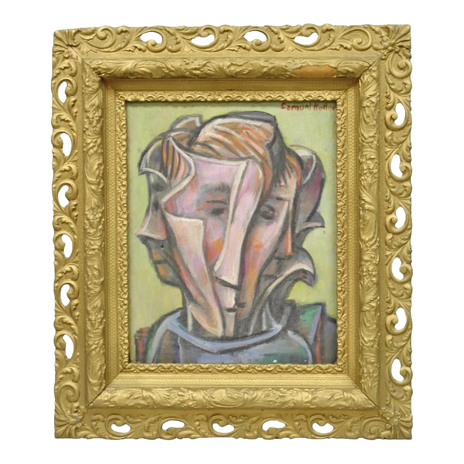 Vintage Samuel Heller "Face in Motion" Picasso Style Oil on Canvas Painting: Vintage Samuel Heller 1960s "Face in Motion" Male Portrait Picasso Style Oil on Canvas Painting Framed in a Gold Antique Victorian Frame, Signed. Artist: "NY listed artist Samuel S. Heller (1902 -