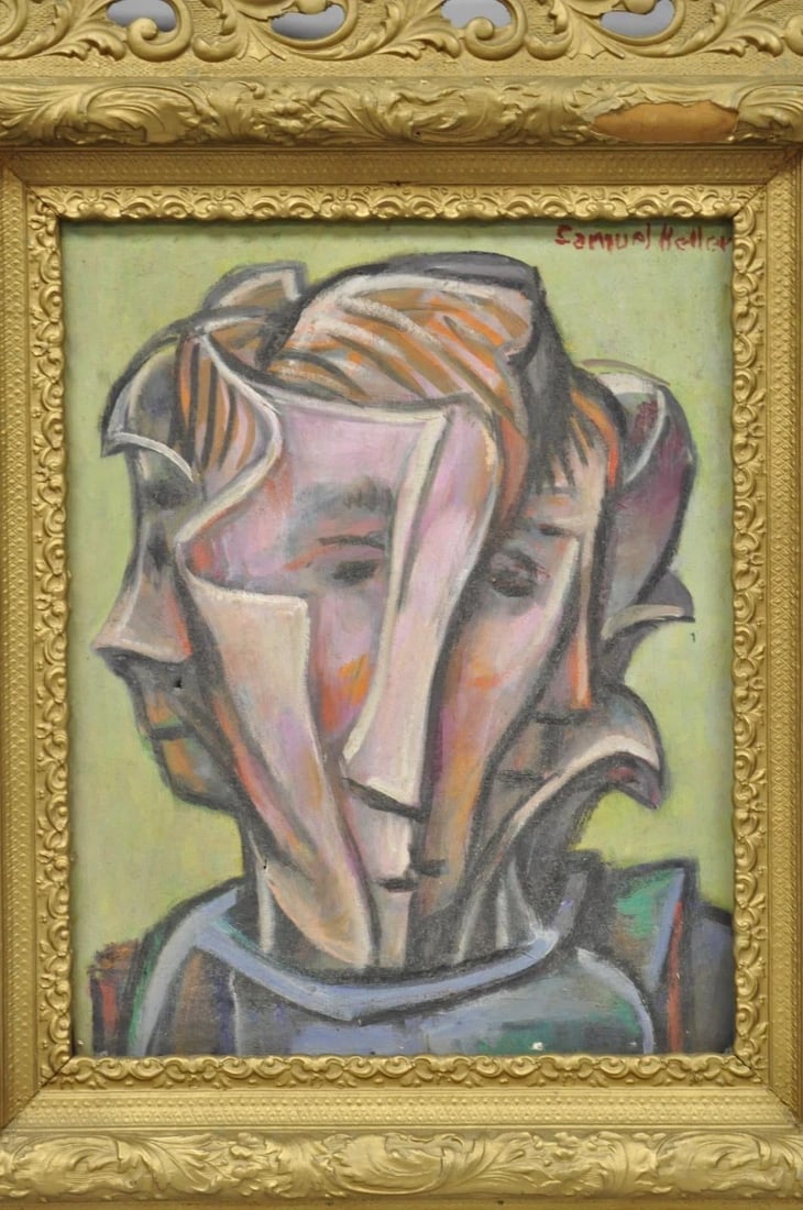Vintage Samuel Heller "Face in Motion" Picasso Style Oil on Canvas Painting - 3