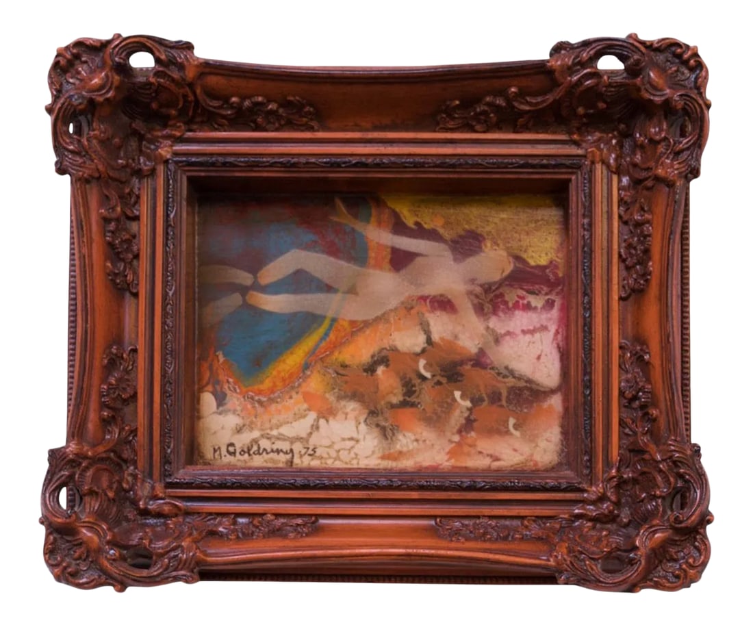 1975 "Susan and the Elders" Oil on Canvas Signed M. Goldring: Susana and the Elders, a story from the Book of Daniel, has been interpreted by artists throughout the ages, most notably Rembrandt. The story centers around Susana, who has been violated by two