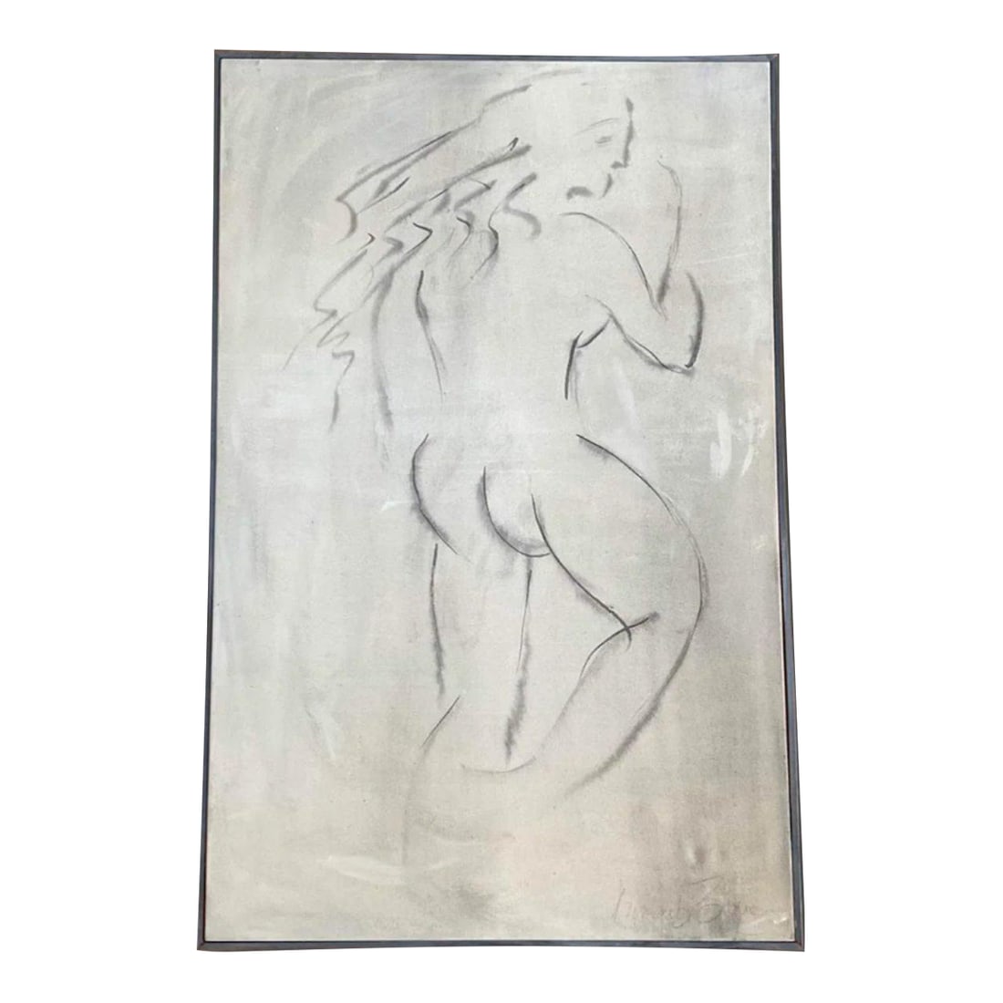 1990s Nude Woman, Acrylic on Canvas, Signed: Acrylic on canvas of nude woman standing with long hair in gray tones. Signed Kimberly Bouer in lower right corner. Presented in a carved gray frame.Some dirt marks. Frame has scuffs and nicks. 31"
