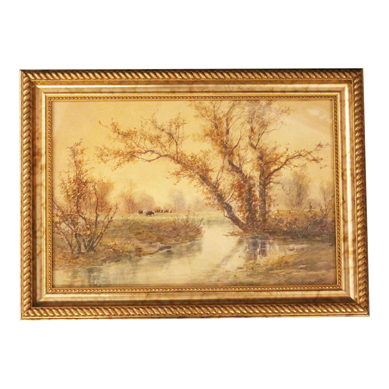 Circa 1900 "Lazy Stream With Cows" Watercolor by Francis Stayman Medairy: Circa 1900 watercolor "Lazy Stream with Cows" by Francis Stayman Medairy. Signed lower right "F.S. Medairy", PA & NY, 1856-1930. Watercolor on paper laid on card stock. An ethereal dawn mist in Fall