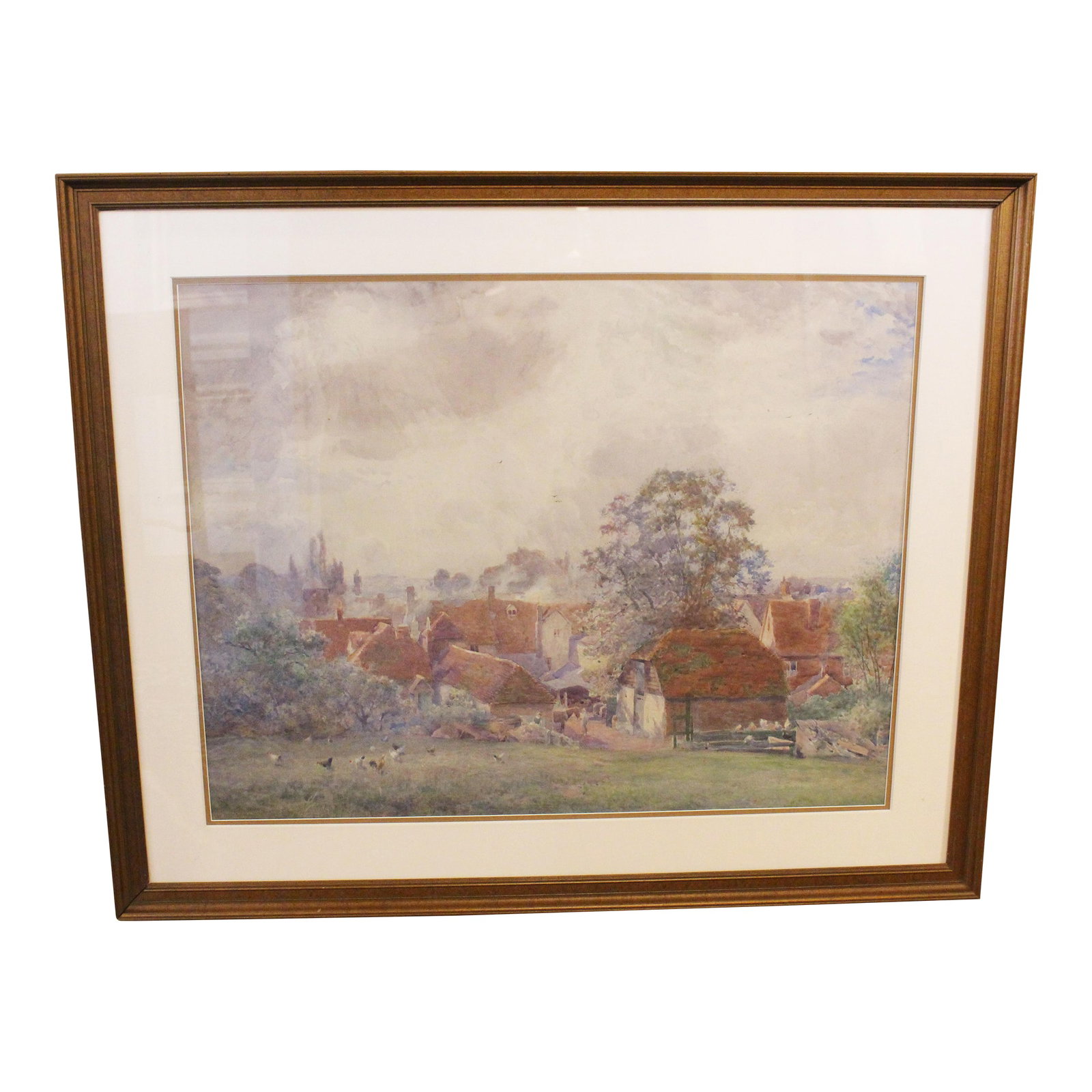 Circa 1914 English Village Scene Watercolor by Max Ludby: An English Village scene watercolor by Max Ludby, circa 1914. Typically etherial watercolor by Max Ludby (1853-1943), the scene from a hillside features animals, people & the entire villagescape.