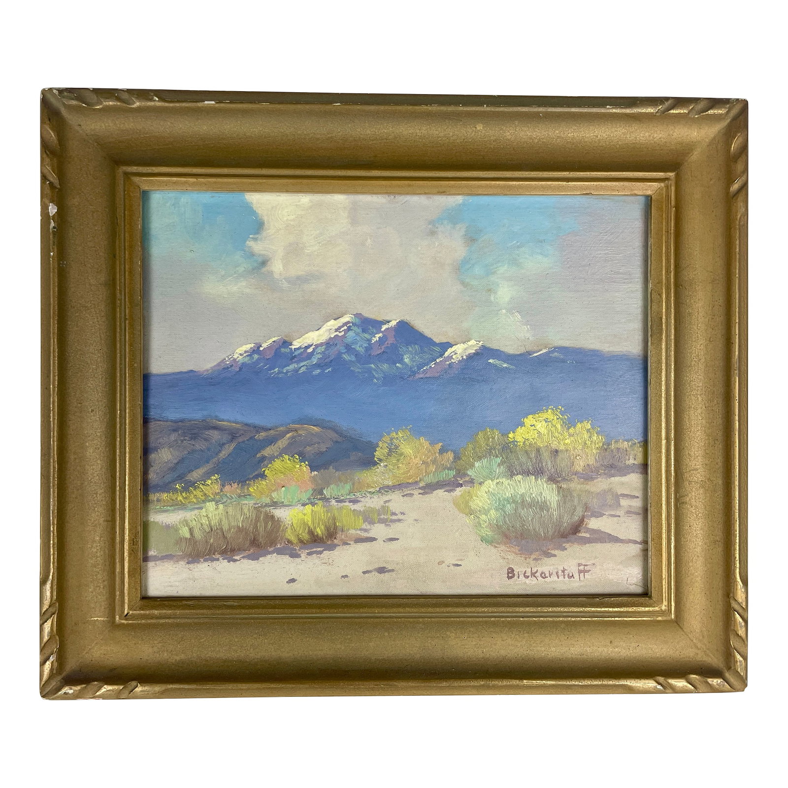 Early 20th Century George Bickerstaff, California Desert With Sagebrush and Mountains, Oil on Board: George Bickerstaff (1893-1954) Desert Landscape with Sagebrush and Distant Mountains Oil on board Signed lower right "Bickerstaff" 8" x 10" Original frame Provenance: from the estate of a Southern Cal