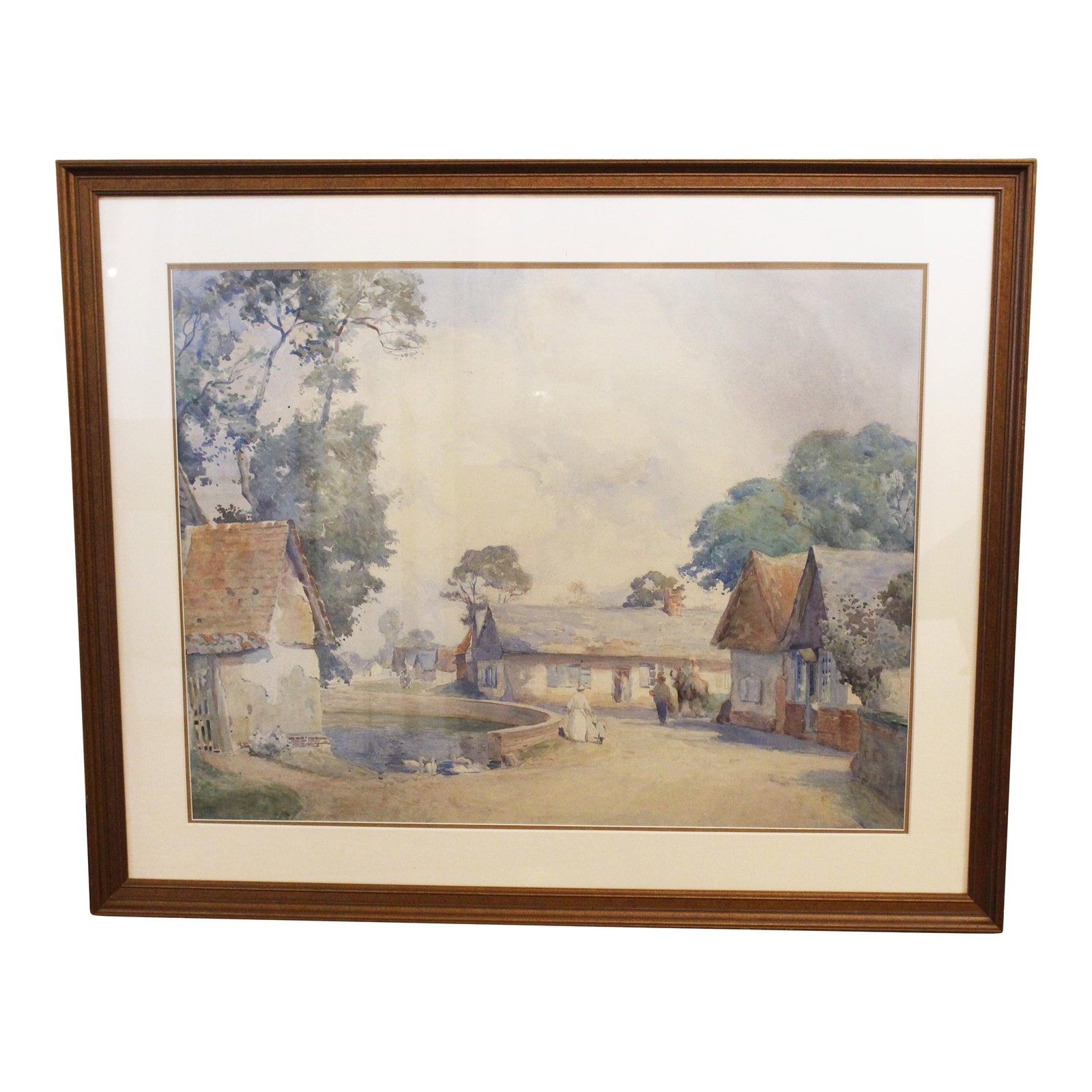 Circa 1914 English Village Scene in Watercolor by Max Ludby: An English Village scene watercolor by Max Ludby, circa 1914. Typically etherial watercolor by Max Ludby (1853-1943), the scene with water & swans, people & a work horse. Extensive exhibition history