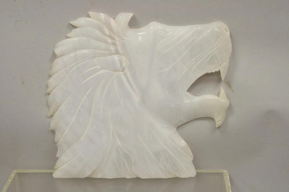 Vintage Italian Carved White Alabaster Lion Head Sculpture Statue Figure (B) - 10