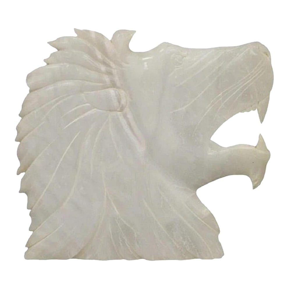 Vintage Italian Carved White Alabaster Lion Head Sculpture Statue Figure (B): Vintage Italian Carved White Alabaster Lion Head Sculpture Statue Figure (B). Item features hand carved details, signed to reverse "..."/ 2320 Italy. Circa Mid 20th Century. Measurements: 11.75" H x 1