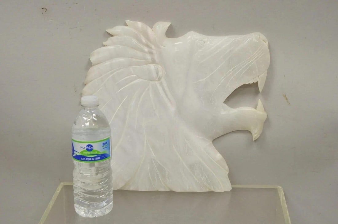Vintage Italian Carved White Alabaster Lion Head Sculpture Statue Figure (B) - 2