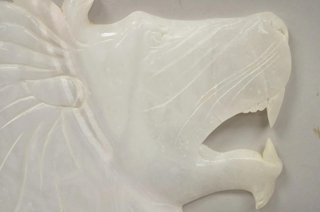 Vintage Italian Carved White Alabaster Lion Head Sculpture Statue Figure (B) - 3
