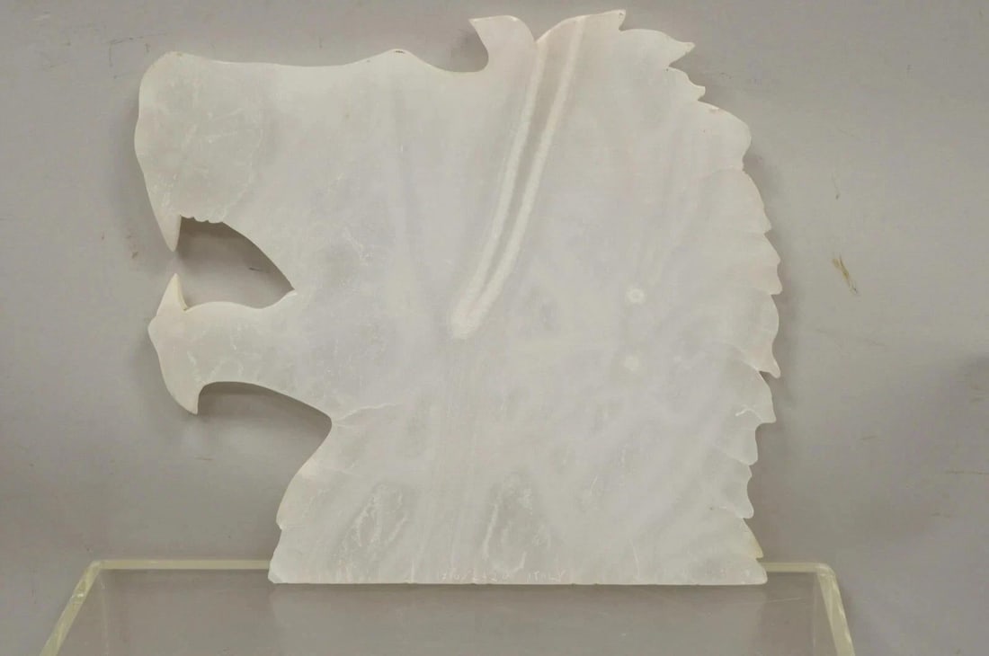 Vintage Italian Carved White Alabaster Lion Head Sculpture Statue Figure (B) - 9