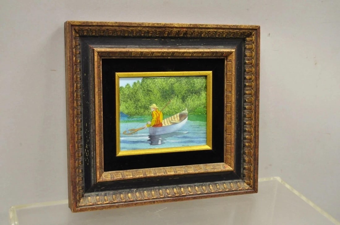 Late 20th Century Daniel Belliard Enamel on Copper Small Framed Painting Fisherman in Boat on Lake - 10