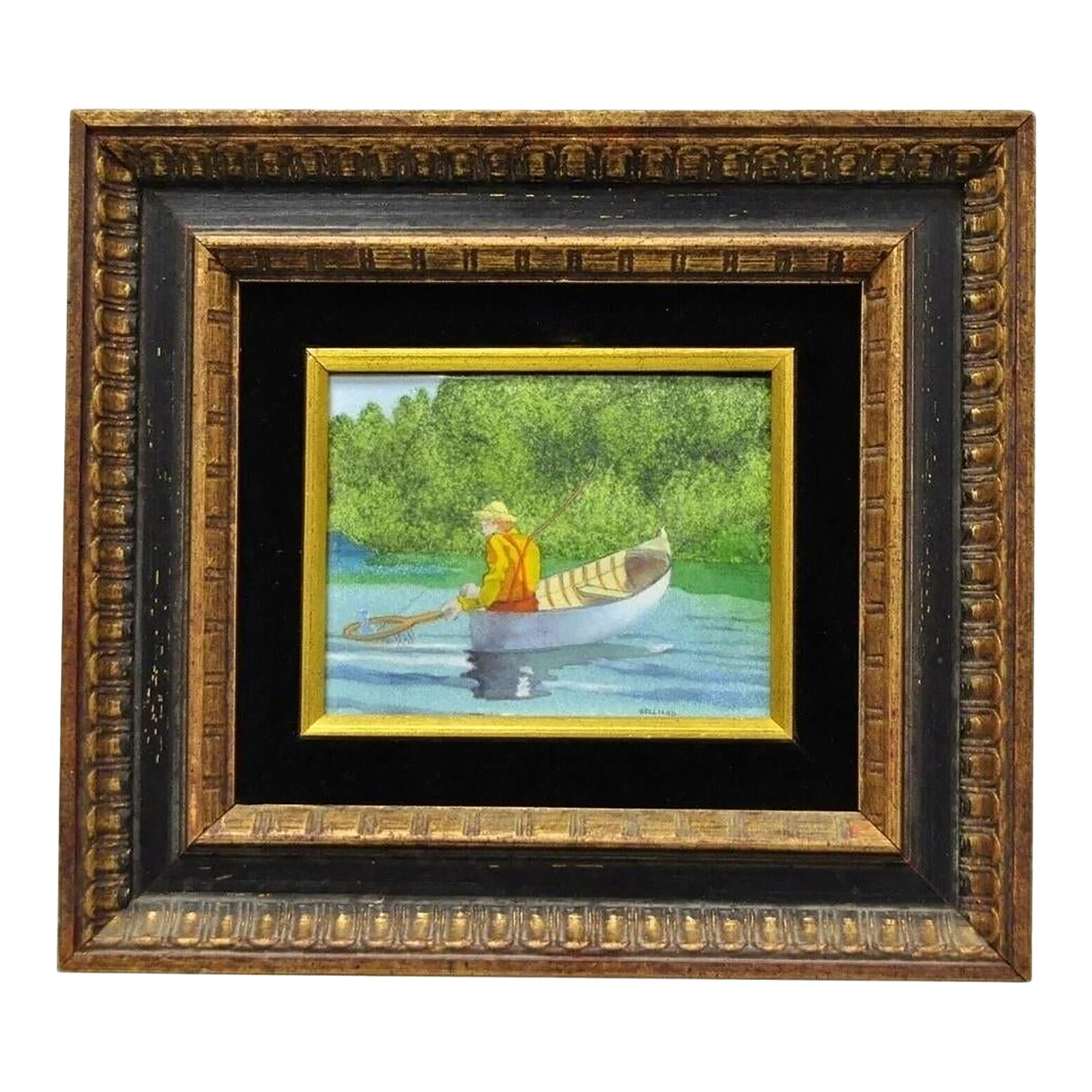 Late 20th Century Daniel Belliard Enamel on Copper Small Framed Painting Fisherman in Boat on Lake: Daniel Belliard Enamel on Copper Small Framed Painting Fisherman in Boat on Lake. Item features enamel on copper painting, distressed wooden frame, artist signature to bottom right corner, beautiful s