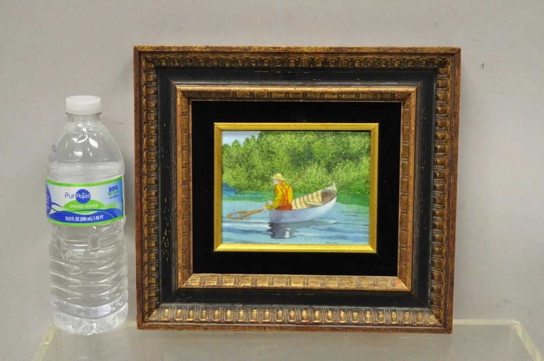 Late 20th Century Daniel Belliard Enamel on Copper Small Framed Painting Fisherman in Boat on Lake - 2
