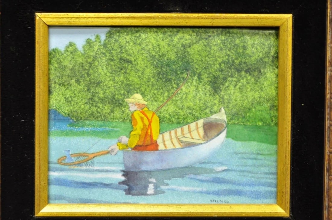 Late 20th Century Daniel Belliard Enamel on Copper Small Framed Painting Fisherman in Boat on Lake - 3