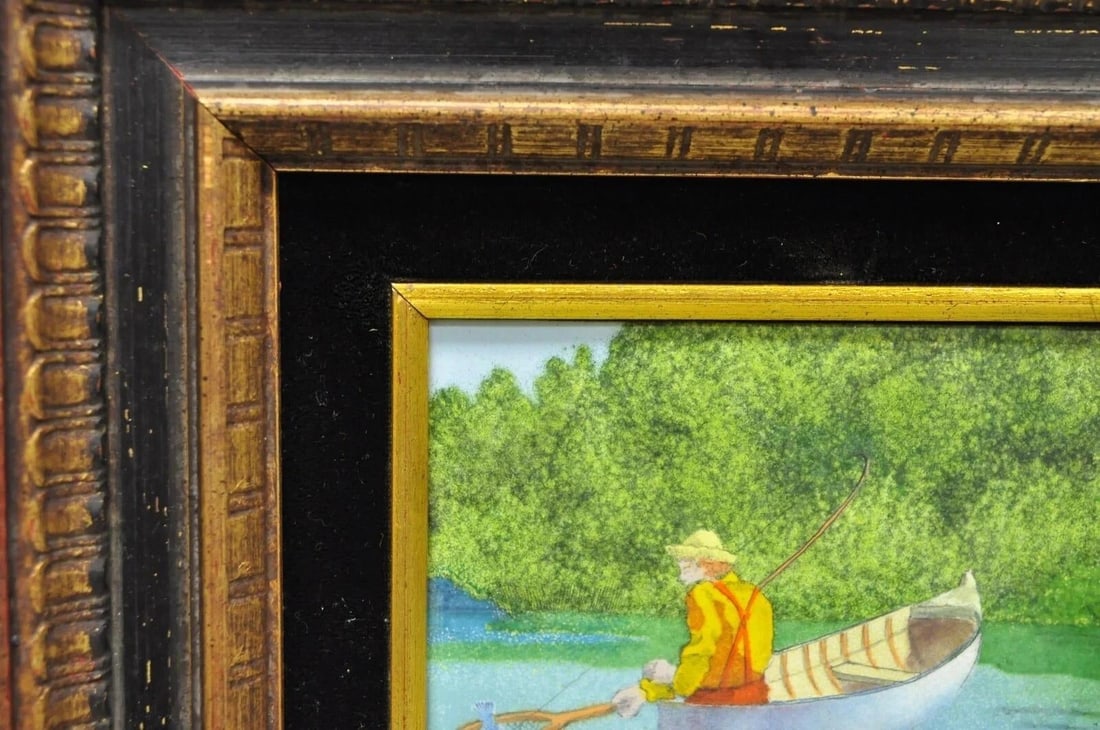 Late 20th Century Daniel Belliard Enamel on Copper Small Framed Painting Fisherman in Boat on Lake - 4